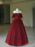 Pretty Ball Gown Off The Shoulder Burgundy Tulle Long Quinceanera Dress Formal Gowns Vestido De 15 Anos Sweet 16 Dress HZ1214