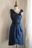 Vintage A Line Navy Blue Satin Flowers Mini Short Formal 8th Grade Homecoming Dresses Summer Middle School Hoco Dress 18th Birthday Outfits HZ1214