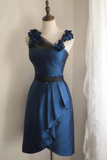 Vintage A Line Navy Blue Satin Flowers Mini Short Formal 8th Grade Homecoming Dresses Summer Middle School Hoco Dress 18th Birthday Outfits HZ1214
