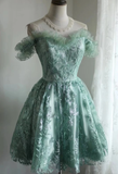 Vintage Ball Gown Off The Shoulder Green Lace Mini Short Formal 8th Grade Homecoming Dresses Summer Middle School Hoco Dress 20th Birthday Outfits HZ1214