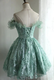 Vintage Ball Gown Off The Shoulder Green Lace Mini Short Formal 8th Grade Homecoming Dresses Summer Middle School Hoco Dress 20th Birthday Outfits HZ1214