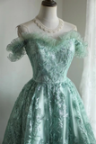 Vintage Ball Gown Off The Shoulder Green Lace Mini Short Formal 8th Grade Homecoming Dresses Summer Middle School Hoco Dress 20th Birthday Outfits HZ1214