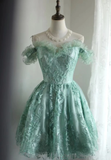 Vintage Ball Gown Off The Shoulder Green Lace Mini Short Formal 8th Grade Homecoming Dresses Summer Middle School Hoco Dress 20th Birthday Outfits HZ1214