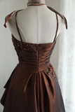 Retro A line Spaghetti Straps Brown Taffeta Mini Short Formal 8th Grade Homecoming Dresses Middle School Short Prom Dress Hoco Outfits HZ1214