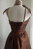Retro A line Spaghetti Straps Brown Taffeta Mini Short Formal 8th Grade Homecoming Dresses Middle School Short Prom Dress Hoco Outfits HZ1214