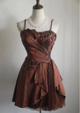 Retro A line Spaghetti Straps Brown Taffeta Mini Short Formal 8th Grade Homecoming Dresses Middle School Short Prom Dress Hoco Outfits HZ1214