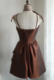 Retro A line Spaghetti Straps Brown Taffeta Mini Short Formal 8th Grade Homecoming Dresses Middle School Short Prom Dress Hoco Outfits HZ1214