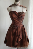 Retro A line Spaghetti Straps Brown Taffeta Mini Short Formal 8th Grade Homecoming Dresses Middle School Short Prom Dress Hoco Outfits HZ1214