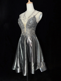 Unique A line Spaghetti Straps Gray Sleeveless Short Mini Green Formal 7th Grade Homecoming Dresses Middle School Prom Dress Hoco Outfits HZ1214