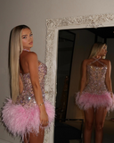 Trendy Sheath Halter Pink Beads Feathers Sequin Mini Short Formal 8th Grade Homecoming Dresses Middle School Short Prom Dress Hoco Outfits HZ1214