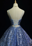 Cute Ball Gown Spaghetti Straps Blue Sequin Short Mini Formal 8th Grade Homecoming Dresses Middle School Cocktail Night Dress Hoco Outfits HZ1214