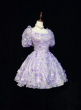 Sexy Ball Gown Square Neck Short Sleeves Lilac Tulle Short Mini Formal 7th Grade Homecoming Dresses Middle School Cocktail Night Dress Hoco Outfits HZ1214