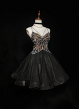 Cute Ball Gown Spaghetti Straps Black Tulle Backless Short Mini Formal 8th Grade Homecoming Dresses Middle School Cocktail Night Dress Hoco Outfits HZ1214