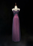 Elegant A line Spaghetti Straps Grape Tulle Long Prom Dresses Party Dress Summer 20th Birthday Outfits 18th Birthday Dresses HZ1214