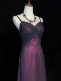 Elegant A line Spaghetti Straps Grape Tulle Long Prom Dresses Party Dress Summer 20th Birthday Outfits 18th Birthday Dresses HZ1214