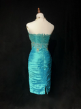 Vintage Sheath Strapless Blue Satin Knee Length Formal 8th Grade Homecoming Dresses Middle School Cocktail Dress Hoco Outfits HZ1214