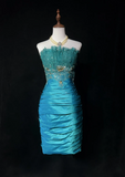 Vintage Sheath Strapless Blue Satin Knee Length Formal 8th Grade Homecoming Dresses Middle School Cocktail Dress Hoco Outfits HZ1214