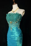 Vintage Sheath Strapless Blue Satin Knee Length Formal 8th Grade Homecoming Dresses Middle School Cocktail Dress Hoco Outfits HZ1214