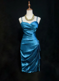 Trendy Sheath Spaghetti Straps Blue Knee Length Formal 8th Grade Homecoming Dresses Middle School Cocktail Dress Hoco Outfits HZ1214