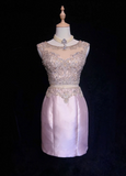 Vintage Sheath Scoop Neck Pink Short Satin Formal 8th Grade Homecoming Dresses Middle School Cocktail Dress Mini Hoco Outfits HZ1214