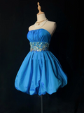 Vintage Ball Gown Strapless Blue Satin Short Mini Formal 8th Grade Homecoming Dresses Middle School Cocktail Dress Hoco Outfits HZ1214