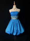 Vintage Ball Gown Strapless Blue Satin Short Mini Formal 8th Grade Homecoming Dresses Middle School Cocktail Dress Hoco Outfits HZ1214