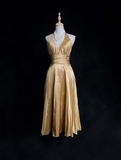 Vintage A Line Halter Gold Taffeta Tea Length Formal 8th Grade Homecoming Dresses Middle School Cocktail Dress Hoco Outfits HZ1214