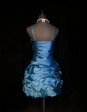Vintage Ball Gown Spaghetti Straps Blue Satin Short Mini Formal 8th Grade Homecoming Dresses Middle School Cocktail Dress Hoco Outfits HZ1214