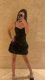 Cute A line Spaghetti Straps Little Black Dress Short Formal 8th Grade Homecoming Dresses Summer Middle School Hoco Dress Homecoming Outfits HZ1214