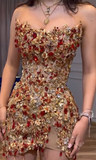 Trendy Sheath Strapless Beads Gold Mini Short Formal 8th Grade Homecoming Dresses Middle School Cocktail Dress Cocktail Outfits HZ1214