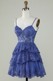 Unique A line Spaghetti Straps Blue Lace Short Mini Formal 7th Grade Homecoming Dresses Middle School Short Cocktail Night Dress Hoco Outfits HZ1214