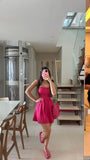 Cute A line Spaghetti Straps Hot Pink Short Formal 8th Grade Homecoming Dresses Summer Middle School Hoco Dress Homecoming Outfits HZ1214