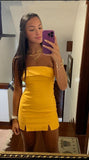 Cute Sheath Strapless Yellow Satin Formal 8th Grade Homecoming Dresses Summer Middle School Hoco Dress Homecoming Outfits HZ1214