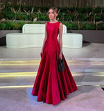 Classy A line Scoop Red Long Satin Formal Prom Gown Summer Wedding Guest Dress Bridal Guest Dresses Wedding Outfits For Guest HZ1121