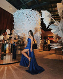 Classy A line Strapless Navy Blue Satin Long Formal Prom Gown Summer Wedding Guest Dress Bridal Guest Dresses Wedding Outfits For Guest HZ1121