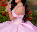Niulatu Ball Gown Off The Shoulder Pink Tulle Long Quinceanera Dress Formal Gowns Vestido De 15 Anos Sweet 16 Dress HZ1214