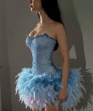 Niulatu Sheath Sweetheart Blue Beads Feathers Sequin Mini Short Formal 8th Grade Homecoming Dresses Middle School Short Cocktail Dress Hoco Outfits HZ1214