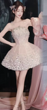 Niulatu Ball Gown Scoop Neck Champagne Beads Sequin Mini Short Formal 8th Grade Homecoming Dresses Middle School Short Cocktail Dress Hoco Outfits HZ1214