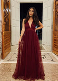 Glamorous A line V Neck Tulle Burgundy Long Evening Party Gowns Evening Special Formal Dresses Prom Dress HZ1121