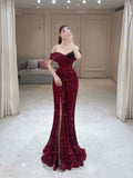 Glamorous Mermaid Off The Shoulder Sequin Burgundy Long Evening Party Gowns Evening Special Formal Dresses Prom Dress HZ1121