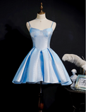 Niulatu A line Spaghetti Straps Blue Satin Formal 8th Grade Homecoming Dresses Middle School Short Birthday Gowns Graduation Dress Hoco Outfits HZ1214