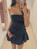 Niulatu A Line Strapless Navy Blue Satin Formal 8th Grade Homecoming Dresses Middle School Short Cocktail Gowns Graduation Dress Hoco Outfits HZ1214
