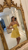 Niulatu A line Strapless Yellow Chiffon Short Mini Formal 8th Grade Homecoming Dresses Middle School Short Cocktail Gowns Graduation Dress Hoco Outfits HZ1214