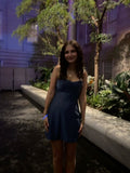 Niulatu A Line Spaghetti Straps Navy Blue Satin Formal 8th Grade Homecoming Dresses Middle School Short Birthday Gowns Graduation Dress Hoco Outfits HZ1214