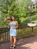 Niulatu Sheath Spaghetti Straps Light Sky Blue Sequin Short Mini Formal 8th Grade Homecoming Dresses Middle School Short Cocktail Gowns Graduation Dress Hoco Outfits HZ1214