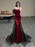 Fancy Mermaid Off The Shoulder Short Sleeves Burgundy Long Evening Dress Party Gowns Evening Special Formal Dresses Prom Dress HZ1121