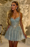 Niulatu A Line Spaghetti Straps Blue Sequin Short Mini Formal 8th Grade Homecoming Dresses Middle School Short Cocktail Gowns Graduation Dress Hoco Outfits HZ1214