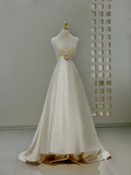 Niulatu Bridal Dress A Line Halter Ivory Satin Wedding Dress With Flower Wedding Dresses Modest Wedding Gowns HZ1214