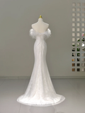 Niulatu Bridal Dress Mermaid Off The Shoulder White Sequin Feathers Wedding Dress Wedding Dresses Modest Wedding Gowns HZ1214