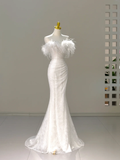 Niulatu Bridal Dress Mermaid Off The Shoulder White Sequin Feathers Wedding Dress Wedding Dresses Modest Wedding Gowns HZ1214
